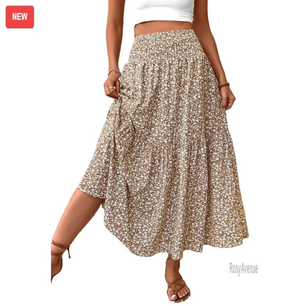 Smocked High Waist Maxi Skirt with Pockets, Wrinkle-Resistant Fabric, True to